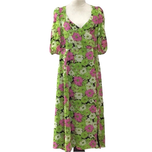 Wayf Green & Pink Floral Half Sleeve Midi Dress - Picture 2 of 9